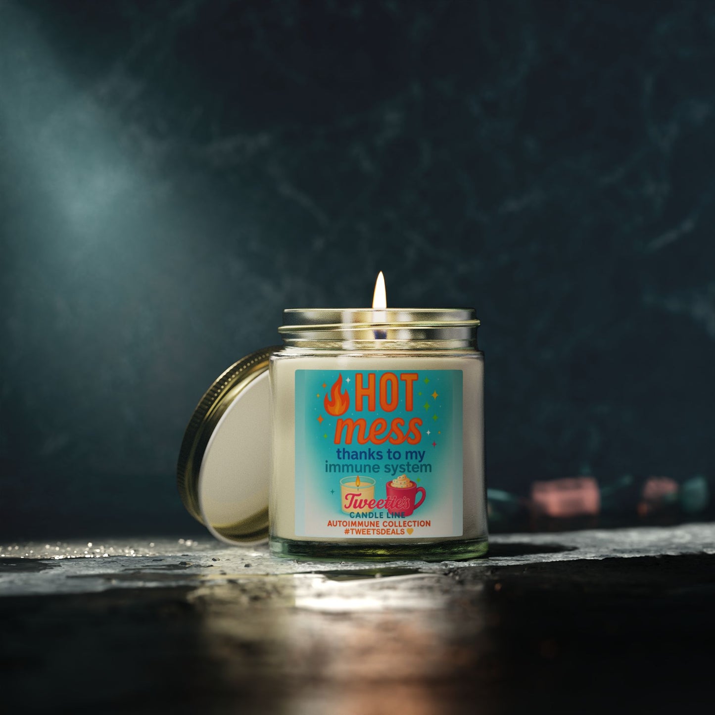 HOT MESS thanks to my immune system Candle – Tweetie’s Autoimmune Collection | Scented Coconut Apricot Wax (4 oz) in Reusable Clear Glass Jar | Eco-Friendly, Non-Toxic, Self-Care Gift & Home Decor | Laugh or Cry: I choose Laugh! 💛