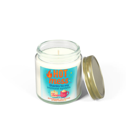 HOT MESS thanks to my immune system Candle – Tweetie’s Autoimmune Collection | Scented Coconut Apricot Wax (4 oz) in Reusable Clear Glass Jar | Eco-Friendly, Non-Toxic, Self-Care Gift & Home Decor | Laugh or Cry: I choose Laugh! 💛