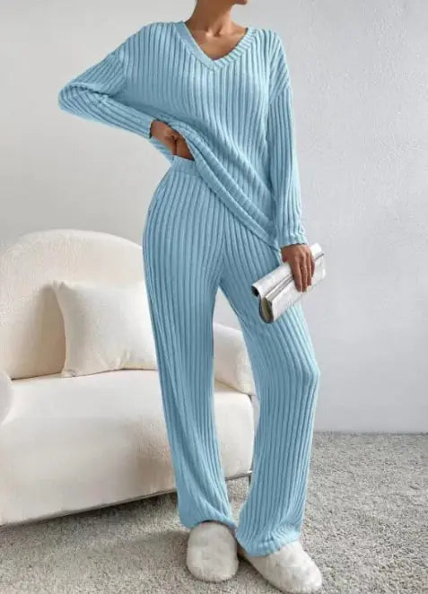 Women’s Ribbed Knit Autumn Lounge Set | Cozy 2-Piece V-Neck Sweater + Elastic Waist Pants